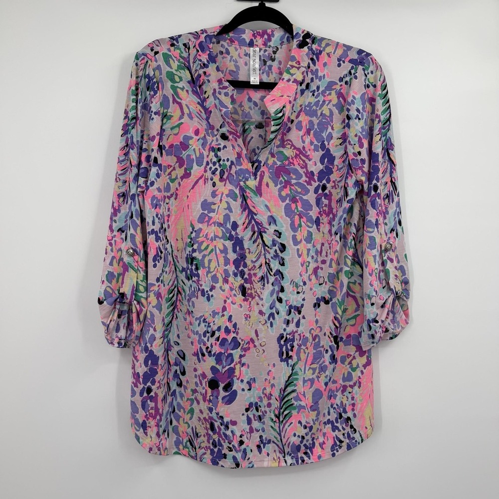 Dear Scarlett Tunic Womens Medium Pink Multicolor V-Neck Lightweight Stretch
